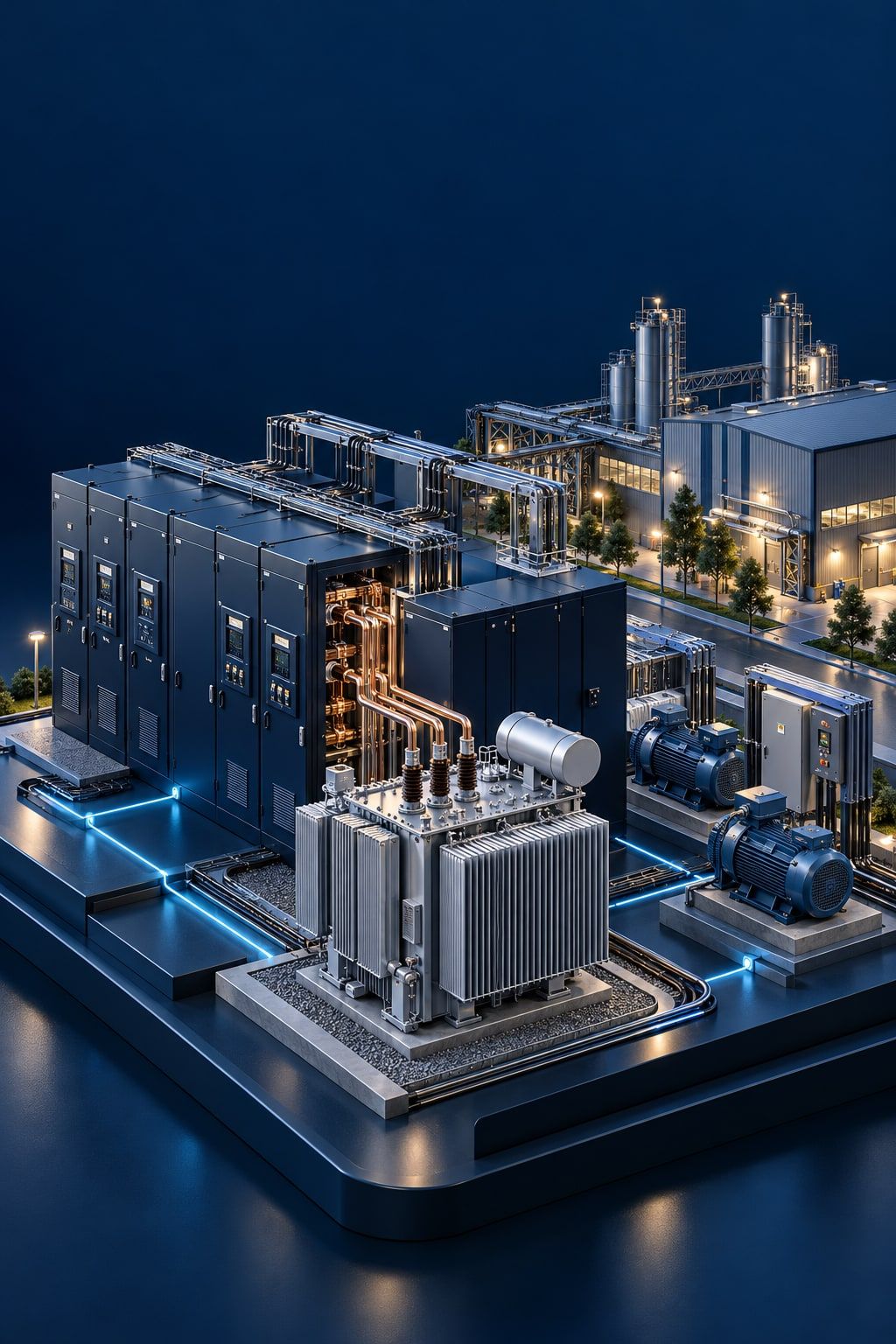 Planta industrial con subestación y redes eléctricas iluminadas
