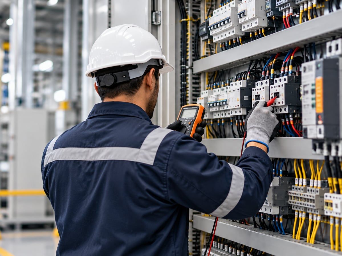 Técnico midiendo con multímetro un tablero de control industrial