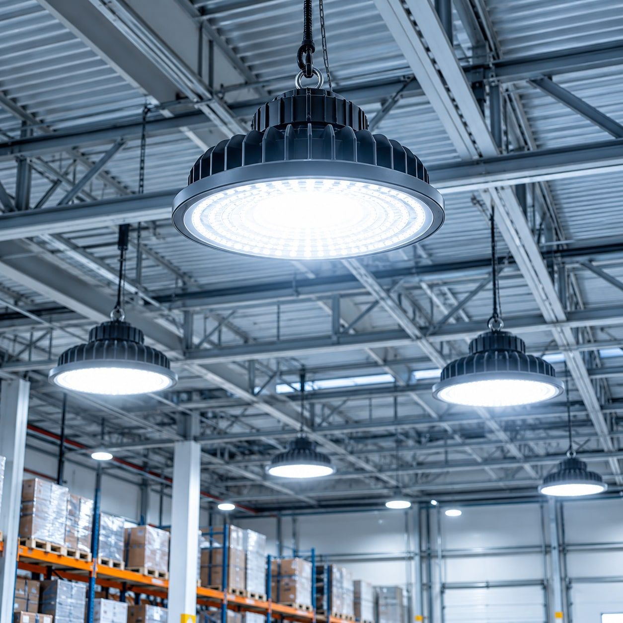 Luminarias industriales LED en una bodega