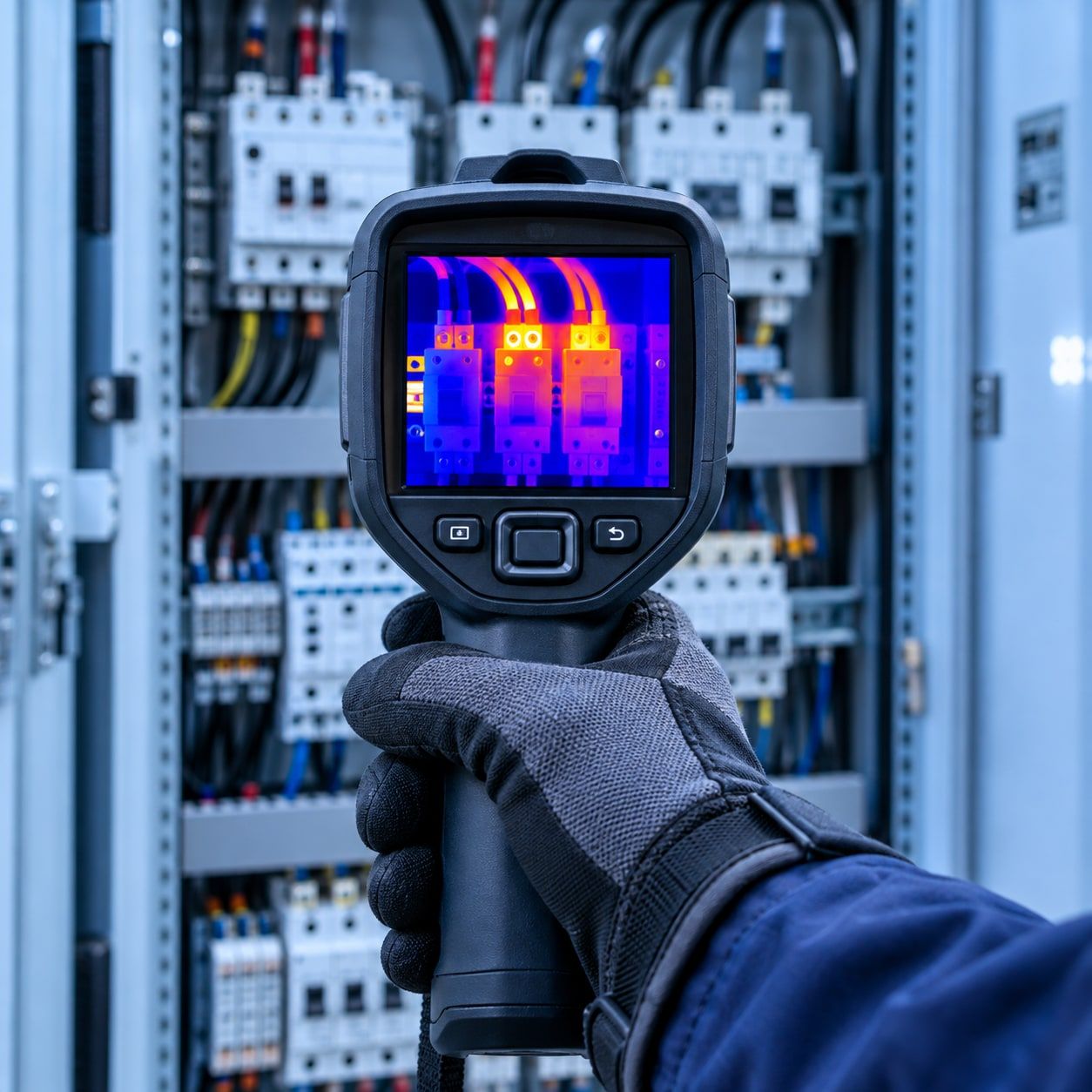 Cámara termográfica revisando un tablero eléctrico