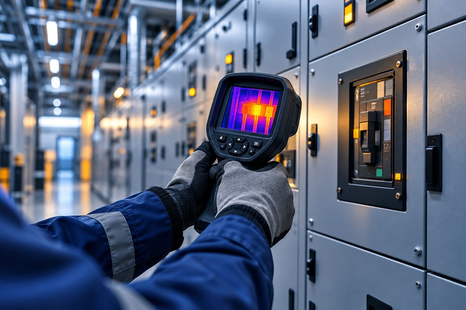 Técnico revisando un tablero eléctrico con cámara termográfica